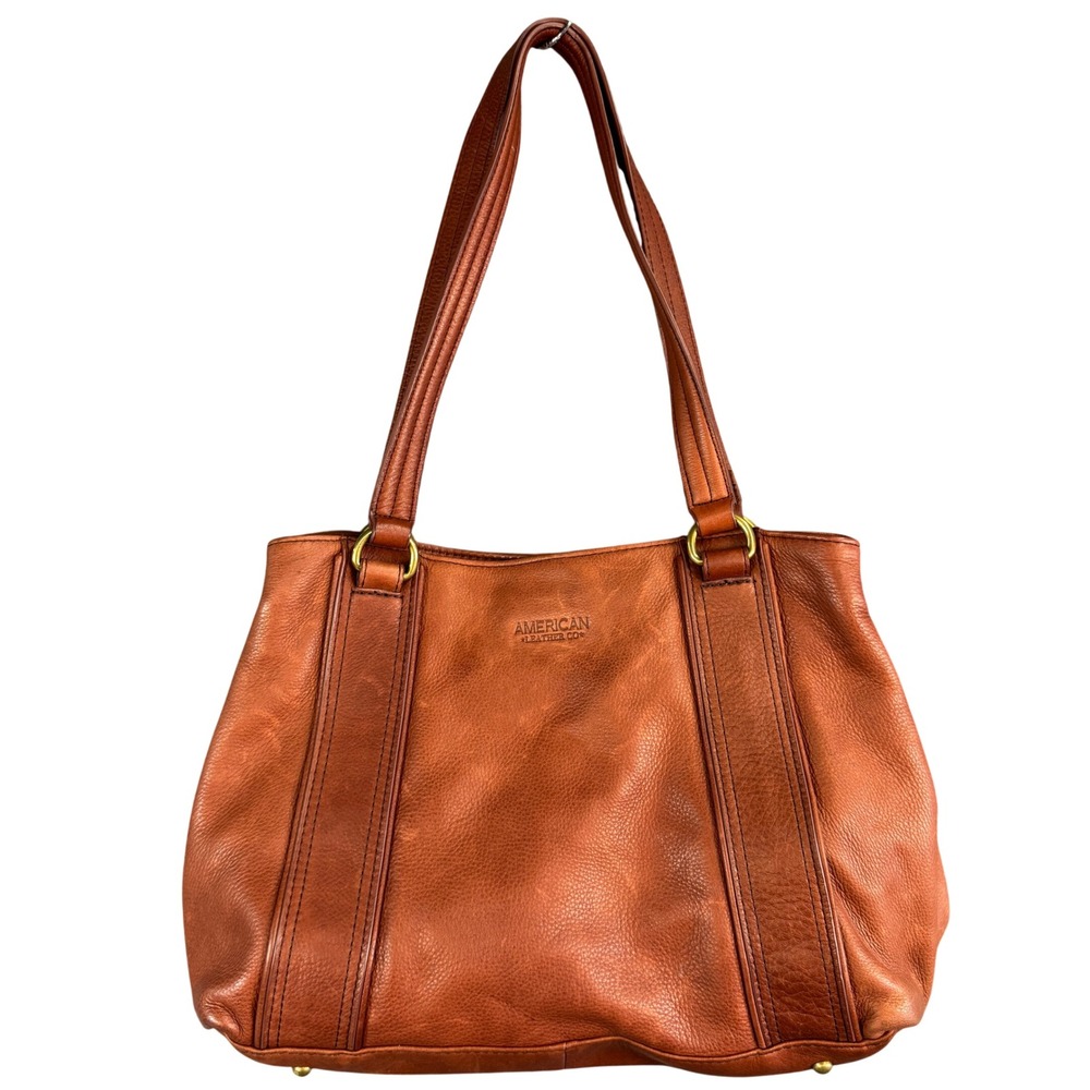 American Leather Co Cognac Brown Pebble Leather Shoulder Bag Tote Brass Hardware